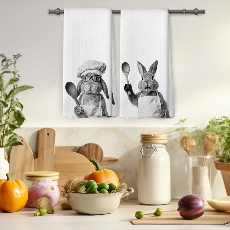 Mcehtle Funny Bunny Kitchen Towels Set of 2, Easter Kitchen Accessories, Rabbit Chef Gift Hand Towel, Gifts for Bunny Lovers Women, Dining Room Decorative Tea Towel Dish Towels 16x24 Inch - Image 4